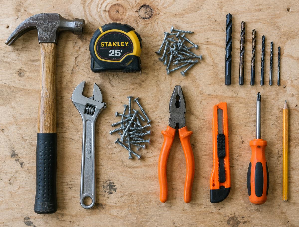 Herramientas sobre mesa de trabajo de madera